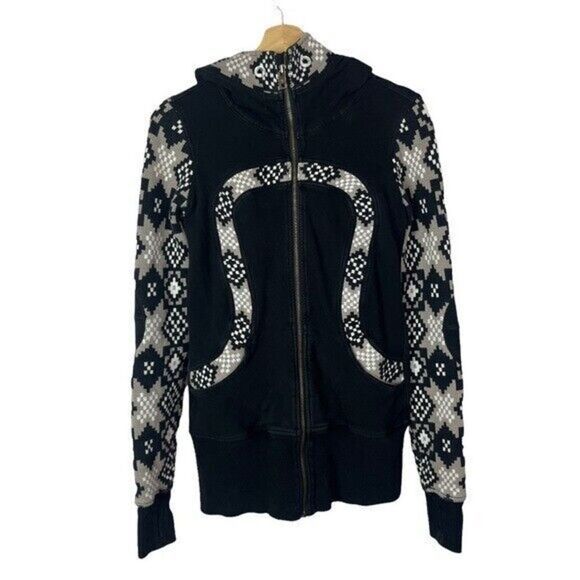 Lululemon Black & White Knit Fair Isle Printed Scuba Full Zip Athletic Jacket 6 - Picture 1 of 8